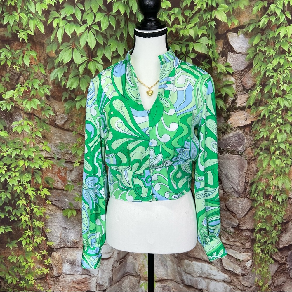 MOHITO Mod 60sStyle Green and Blue Cropped Swirl Blouse, 36/Small/4-6 - Picture 2 of 14